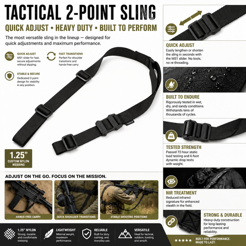 Tactical 2 Point Sling Adjustable Rifle Strap Heavy Duty Quick Adjust Gun Sling Black
