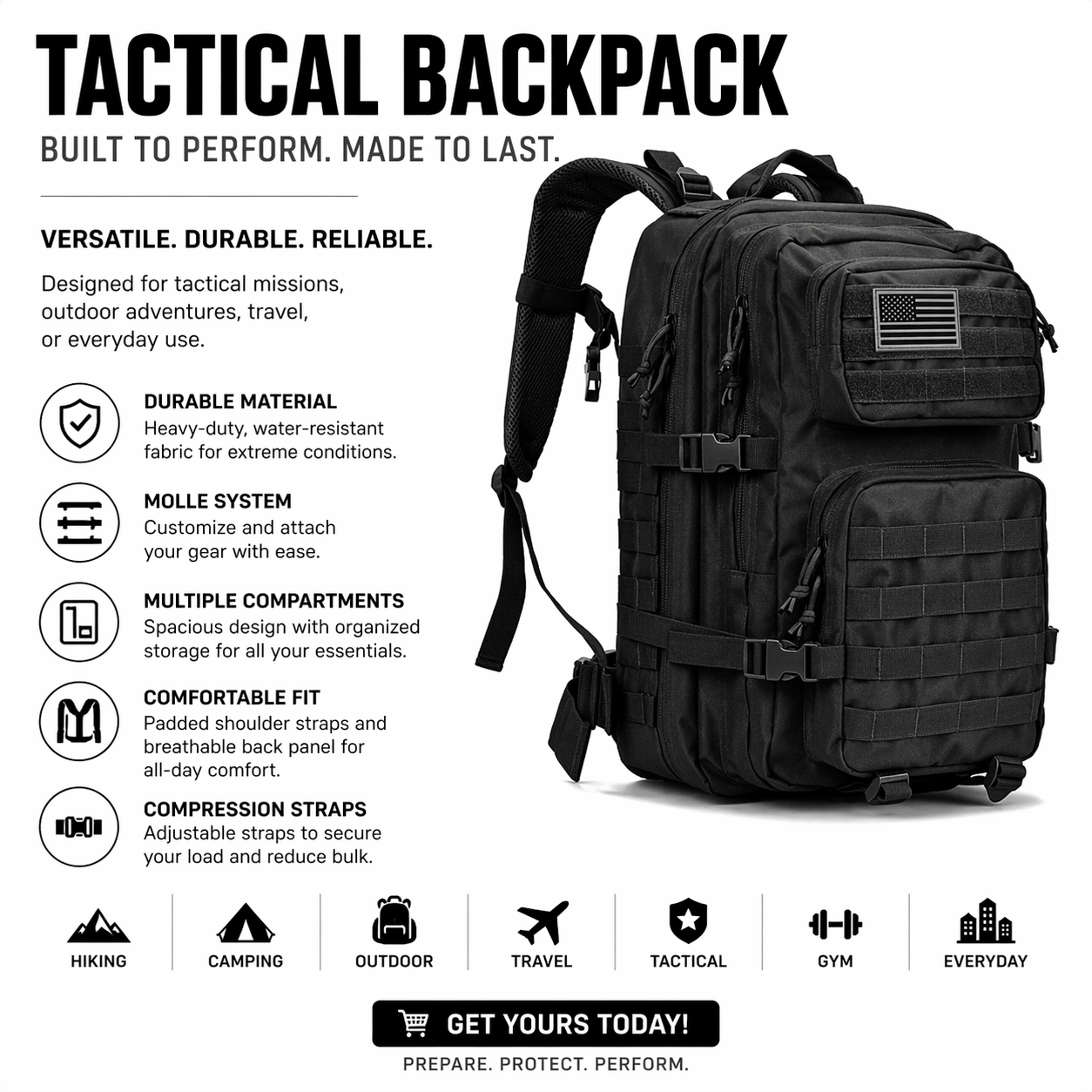 Military Tactical Backpack 40L – MOLLE 3-Day Assault Pack - Black
