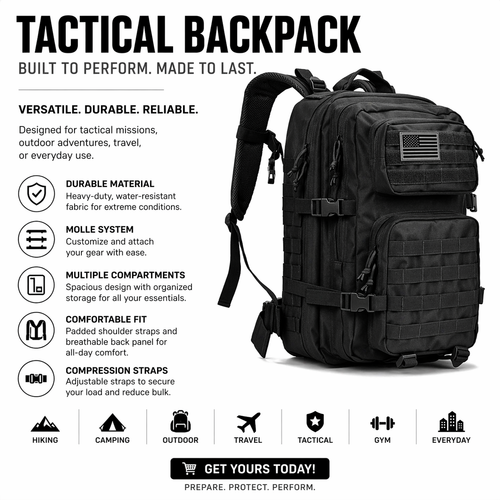 Military Tactical Backpack 40L – MOLLE 3-Day Assault Pack - Black