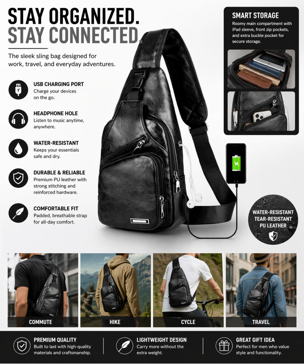 Black Chest Crossbody Bag Sling Backpack for Men with USB Charge Port