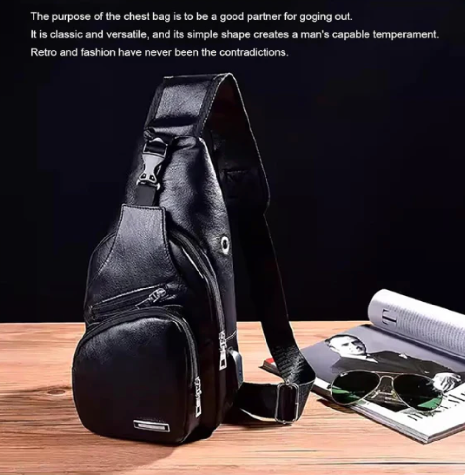 Black Chest Crossbody Bag Sling Backpack for Men with USB Charge Port