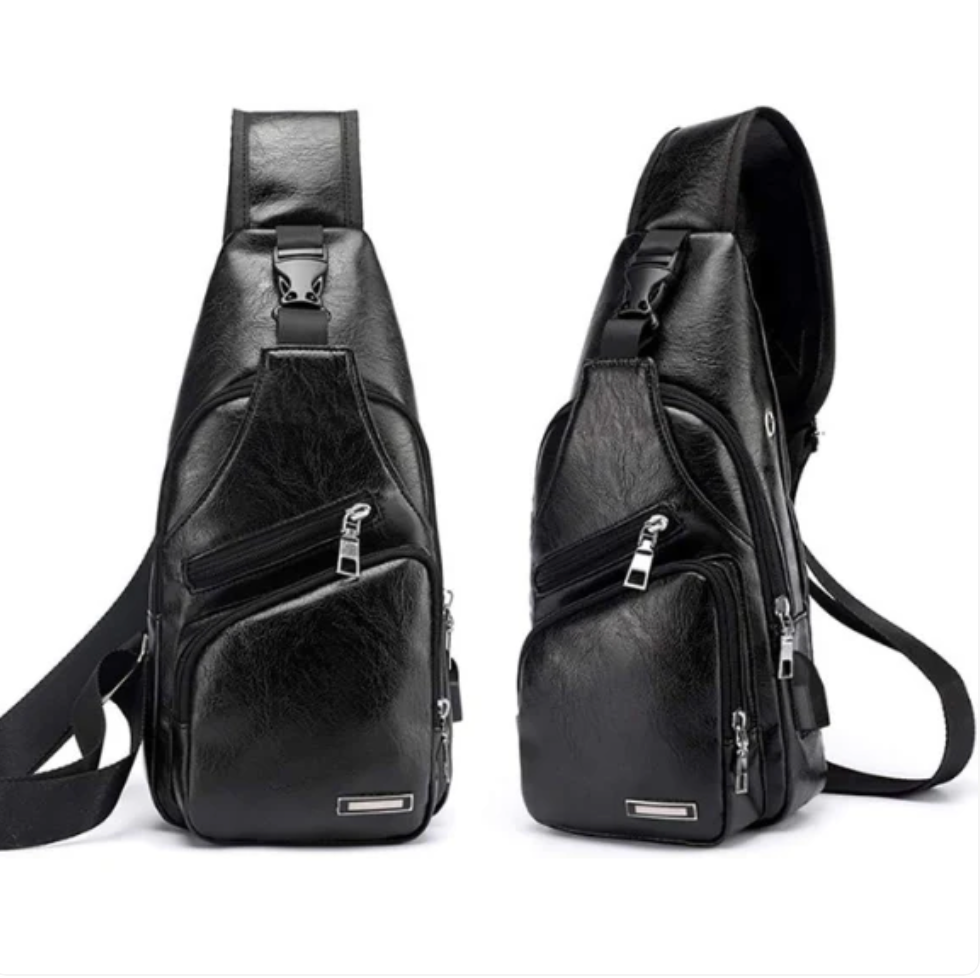 Black Chest Crossbody Bag Sling Backpack for Men with USB Charge Port